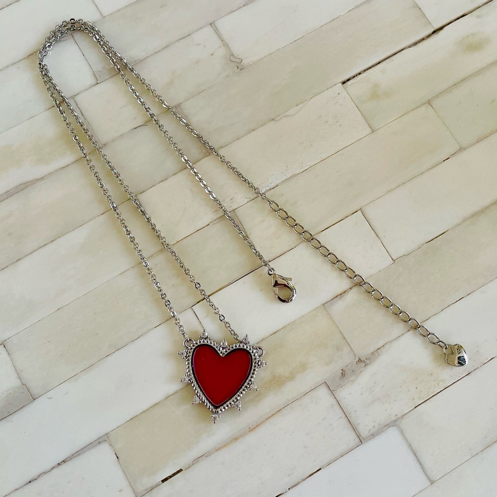 18k White Gold Plated Red Enamel Heart Necklace NWOT
